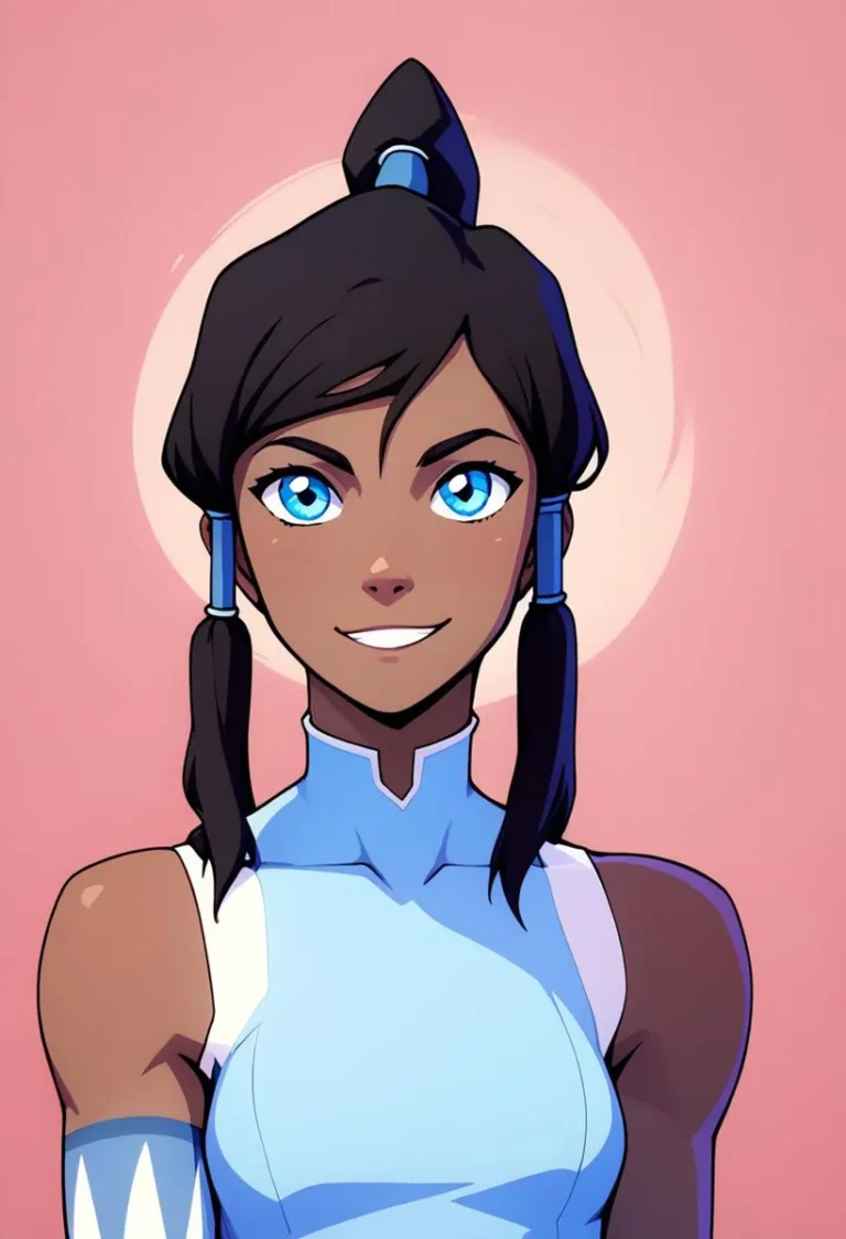 An AI generated anime character with blue eyes, dark hair in pigtails, wearing a blue and white outfit against a pink background created using stable diffusion.