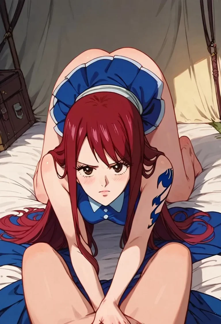 An anime character with long red hair, and a blue outfit, kneeling with a determined expression. AI generated image using Stable Diffusion.