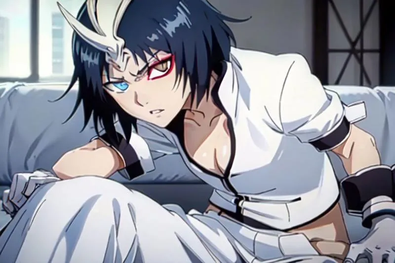 Anime character with black hair, wearing a white cosplay outfit, and having distinct blue and red eyes, created using Stable Diffusion.