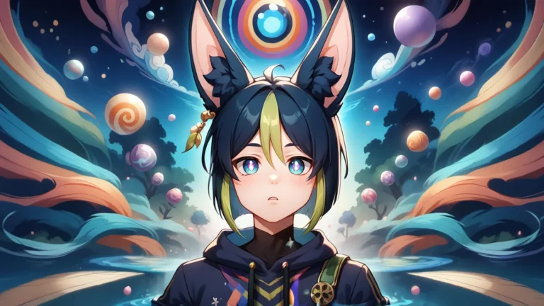 An anime-style character with large fox ears set in a colorful, imaginative fantasy background generated using stable diffusion.