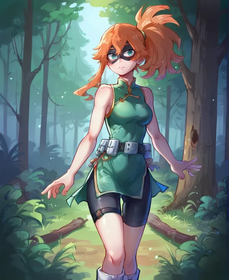 Anime-style character with reddish-orange hair tied in a high ponytail, wearing a green sleeveless top, black shorts, and a belt with pouches, standing in a forest background. AI-generated image using Stable Diffusion.