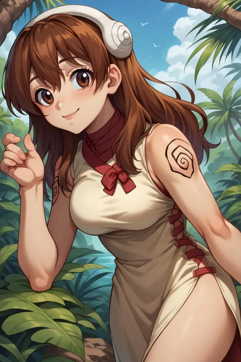 Anime-style character with brown hair and a white dress, wearing a snail-shaped headpiece, standing in a jungle. Emphasize that this is an AI generated image using Stable Diffusion.