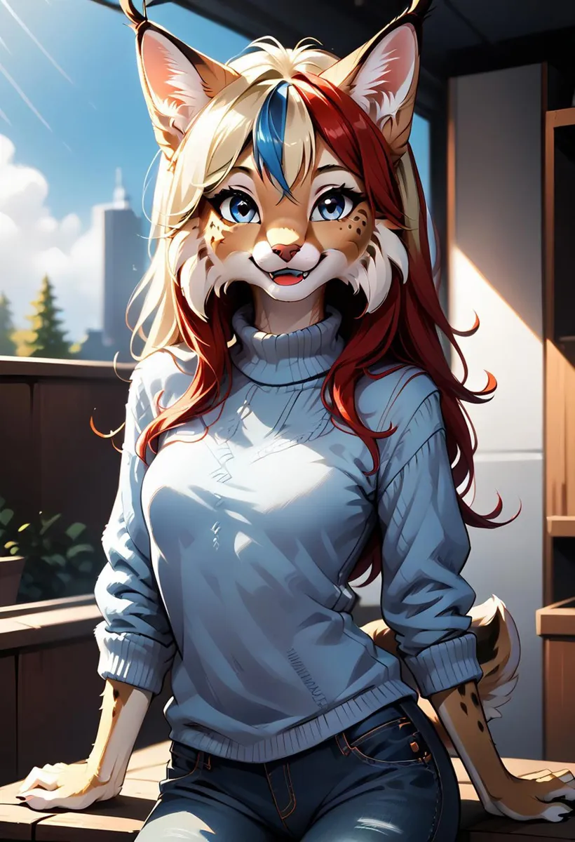 An anthropomorphic anime character with animal-like features, wearing a light blue sweater, with red and white hair, sitting outdoors. This AI-generated image was created using Stable Diffusion.