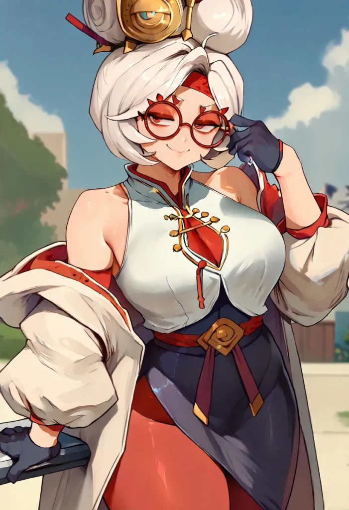 An ai-generated image of an anime character with white hair, red glasses, and a stylish outfit. The character is confidently posing in a playful manner. Created using stable diffusion.