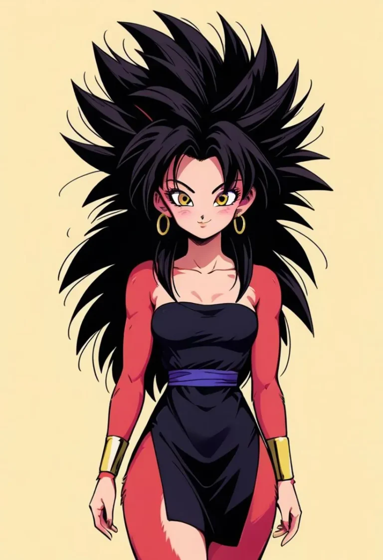 An anime character with large spiky hair, red skin, golden eyes, and wearing a black dress with a blue belt. AI generated using stable diffusion.