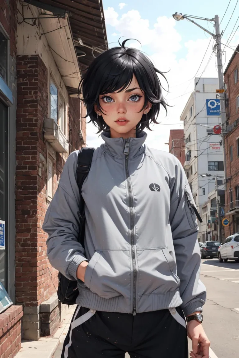 AI-generated image of an anime character with short black hair and blue eyes, wearing a grey jacket and standing on a city street with urban buildings in the background.