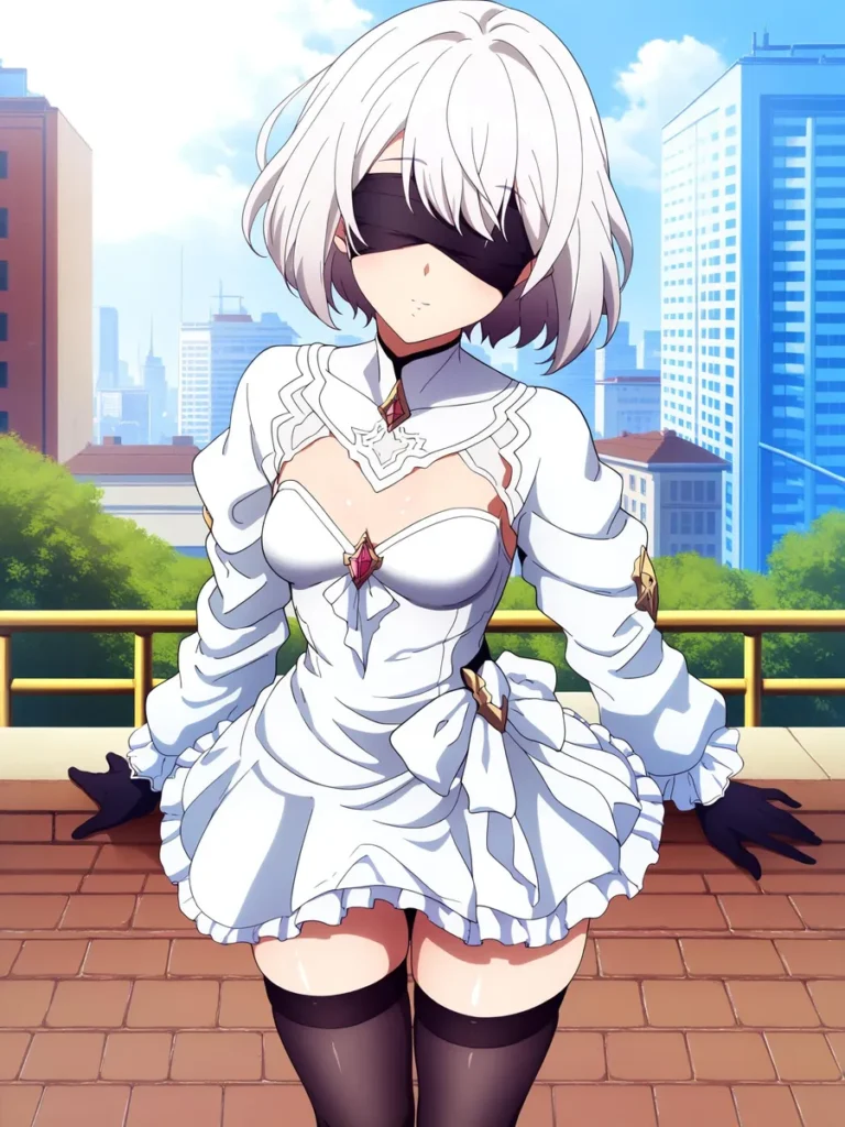 Anime-style character with short white hair, blindfolded, wearing a detailed white dress with intricate designs and gold embellishments, standing on a rooftop with a cityscape background created using Stable Diffusion.