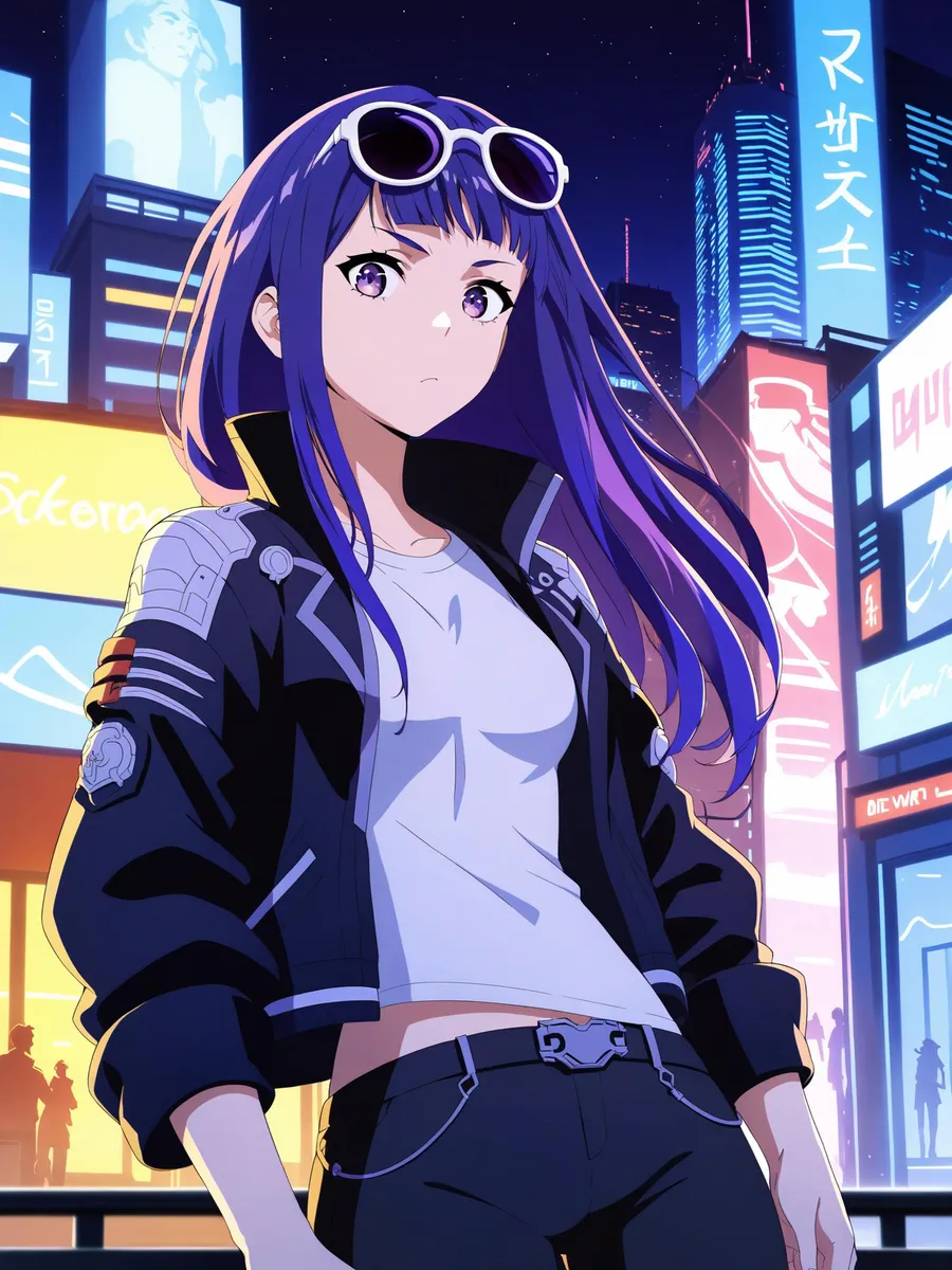 An AI generated image of a stylish anime character with long purple hair, wearing a black jacket and goggles on her head, standing in a brightly lit cyberpunk cityscape, created using Stable Diffusion.