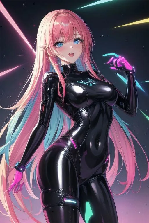 A futuristic anime cyberpunk girl with long pink and blue hair, dressed in a shiny black bodysuit with glowing neon accents. Emphasize this is an AI generated image using Stable Diffusion.