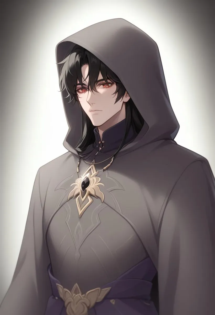 Anime-style illustration of a dark mage character with a hood and red eyes, created using Stable Diffusion.