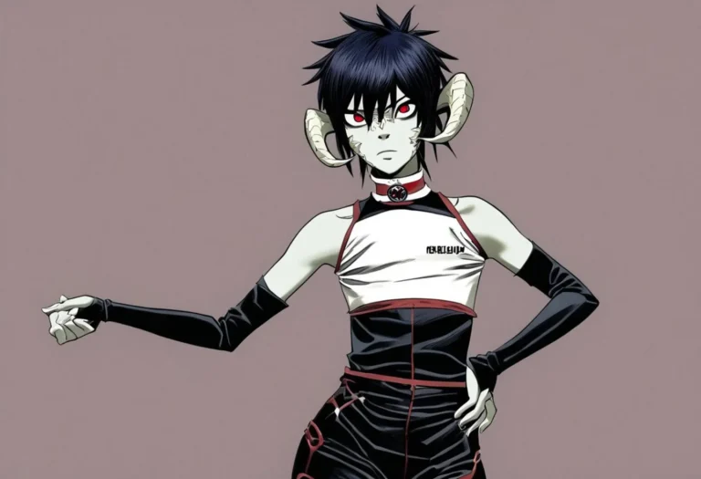 Anime-style demon character with black hair, red eyes, and ram-like horns wearing a white and black outfit. This is an AI generated image using Stable Diffusion.