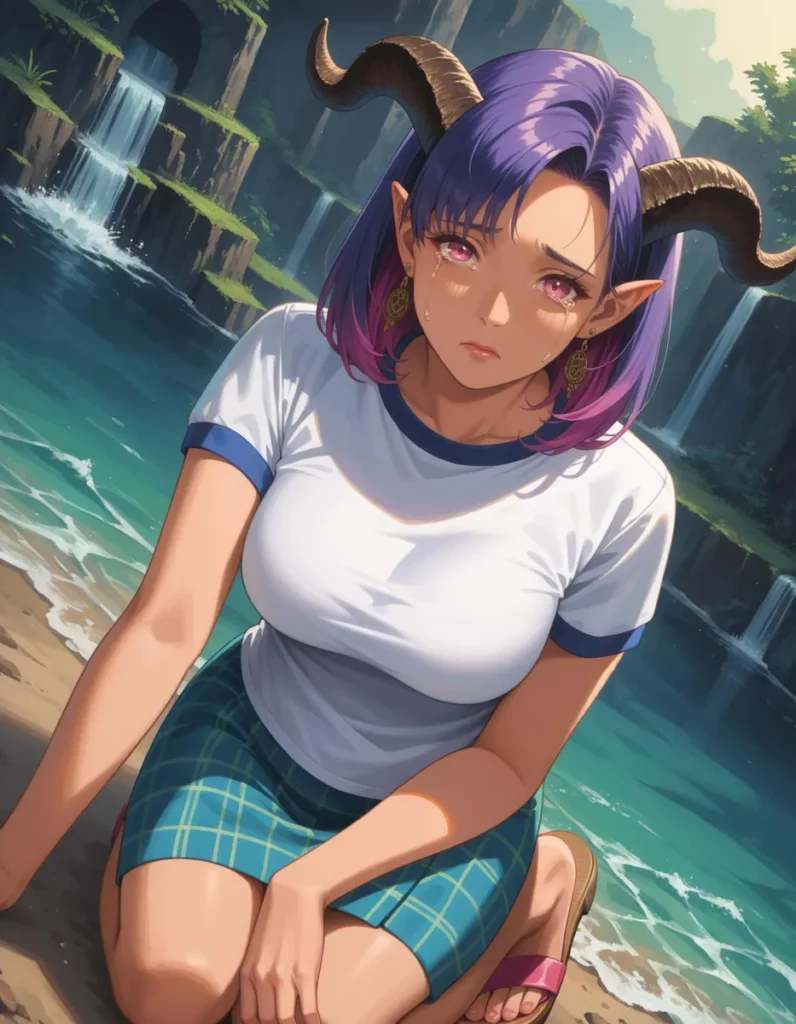 An AI generated image using stable diffusion depicting an anime girl with purple hair, large curved horns, and elf ears, sitting by a waterfall and lake.