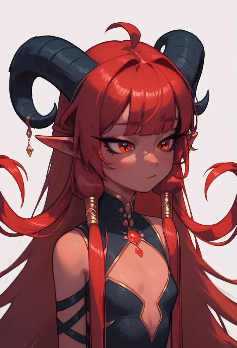 Anime demon girl with long red hair, black horns, and elaborate attire. AI generated image using stable diffusion.