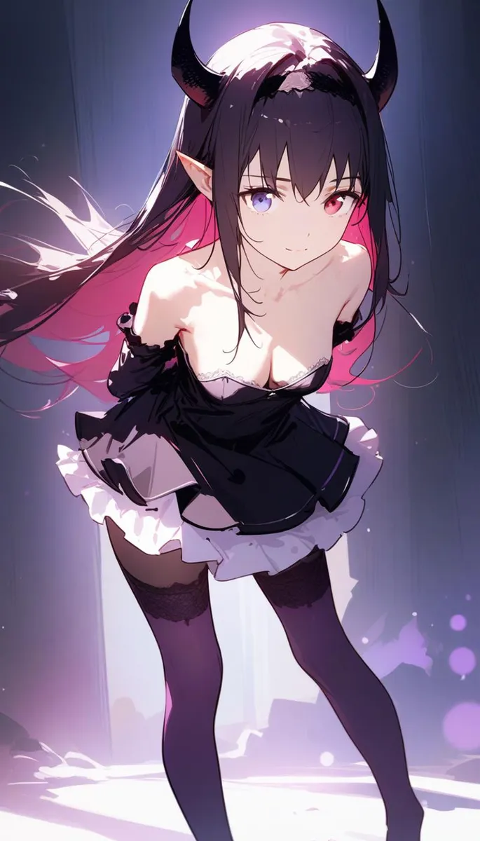 An anime-style demon girl with horns, long black and pink hair, asymmetric eyes, and wearing a black and white maid outfit with stockings. This image was generated using Stable Diffusion.