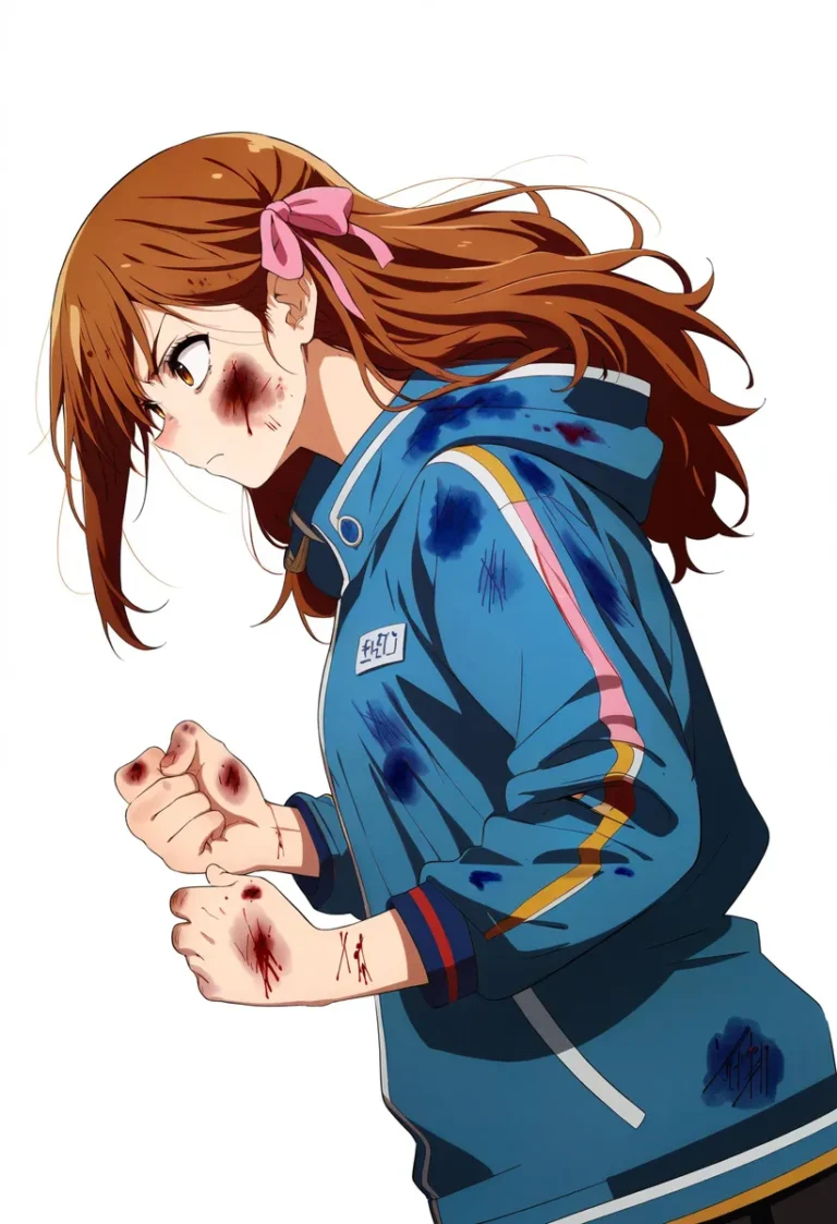 Anime girl with bruises in a blue jacket, determined expression, generated by AI using Stable Diffusion