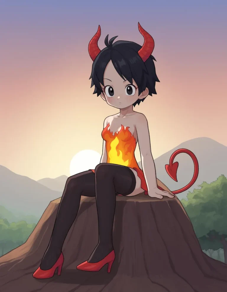 Cute anime devil girl with red horns, a flame-patterned dress, red heels, and black stockings, sitting on a tree stump with a sunset background. AI-generated image using Stable Diffusion.