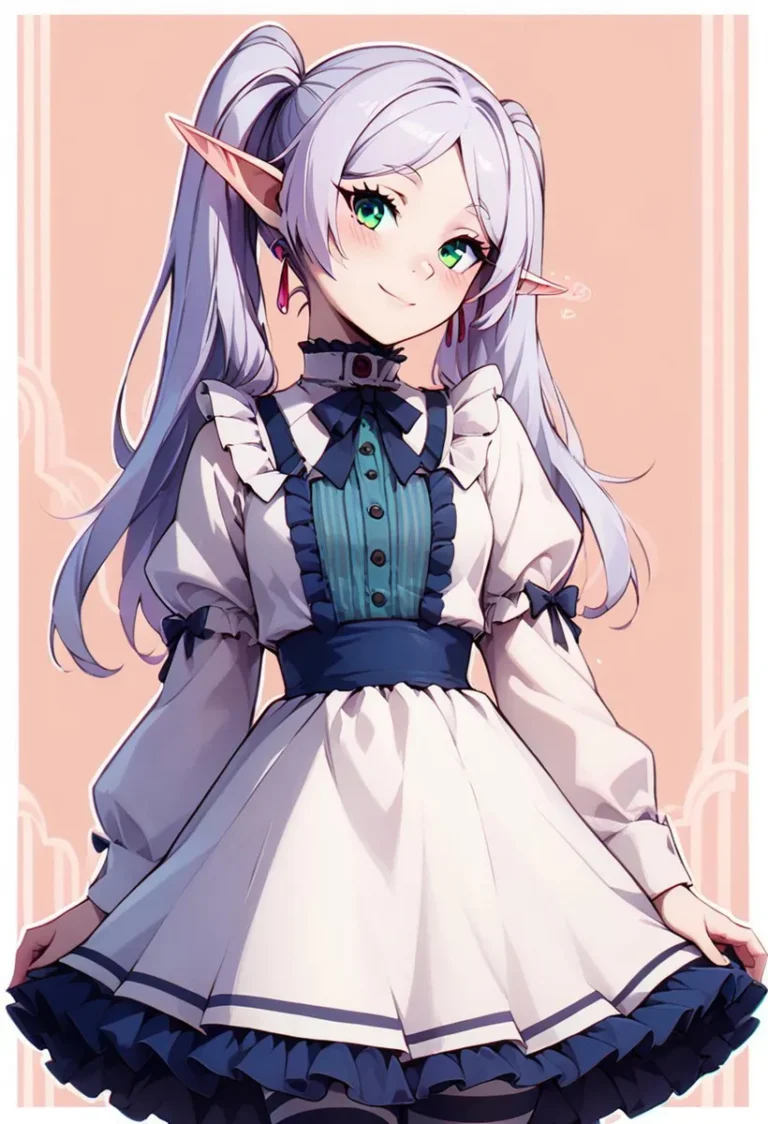 AI-generated image of an anime elf girl with long, light purple hair in pigtails, green eyes, and pointed ears, dressed in a Victorian-style dress with a blue bodice.