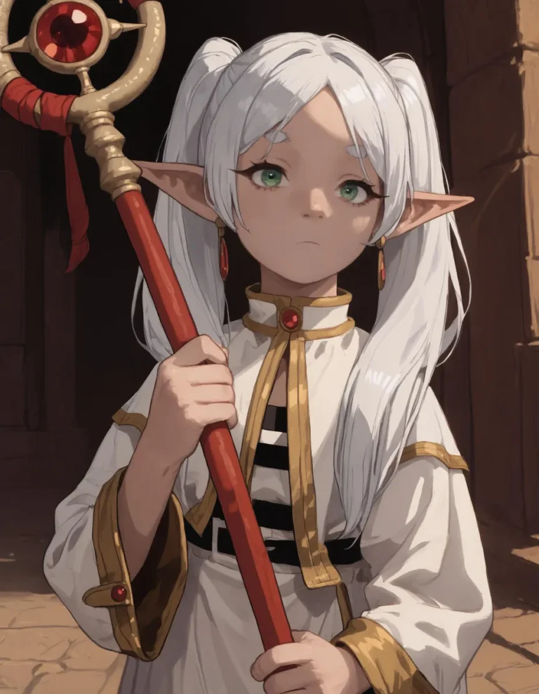 AI generated image of an anime elf girl with white hair, green eyes, holding a magical staff, wearing fantasy attire. Created using Stable Diffusion.