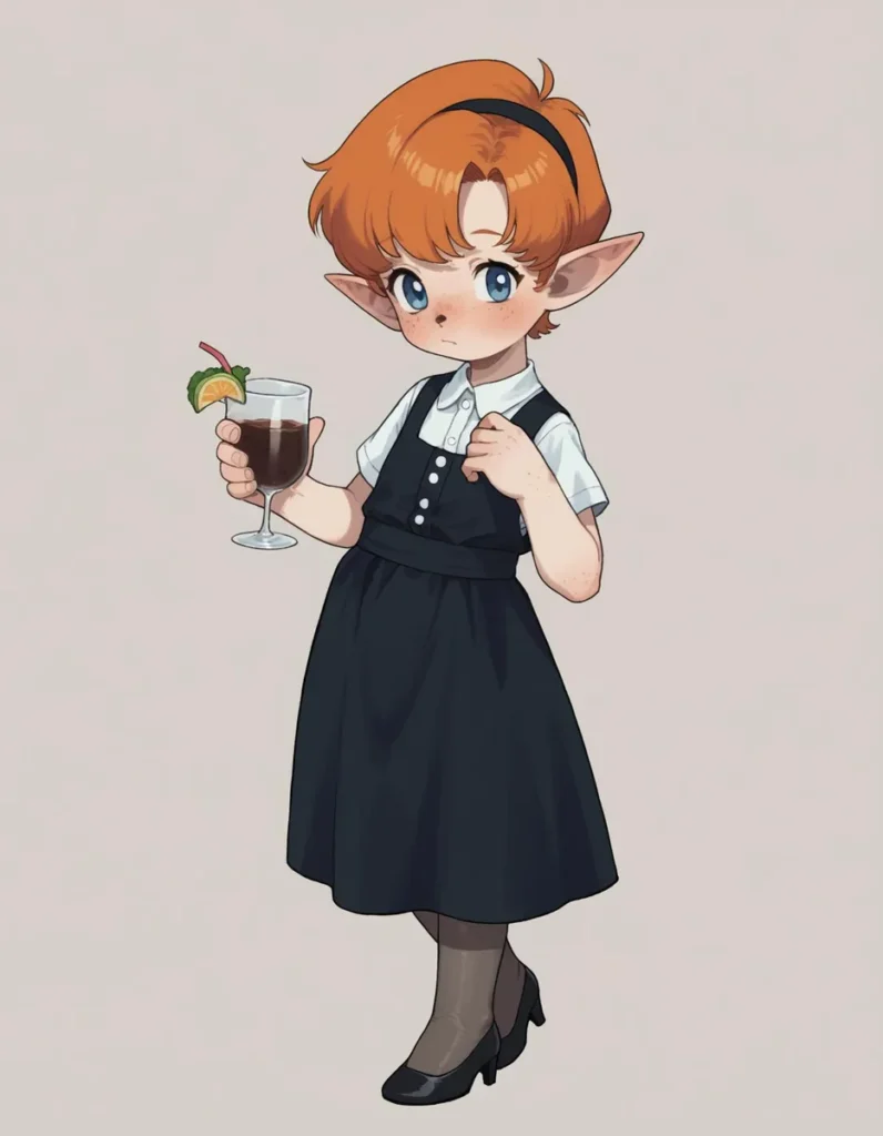 Anime style elf girl with orange hair holding a drink adorned with a lime and cherry garnish, wearing a black dress with a white shirt. AI generated image using stable diffusion.