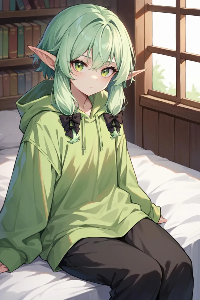 Anime elf girl with green hair sitting on a bed in a cozy room, created using Stable Diffusion.