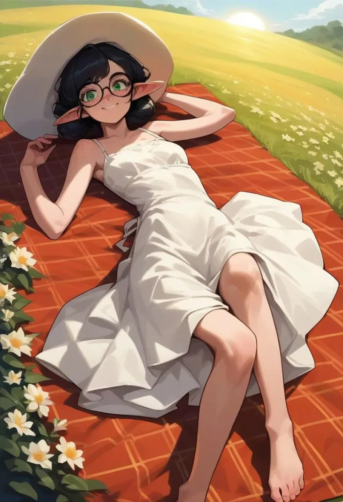 Anime-styled image of an elf girl with black hair and green eyes, lying on a blanket in a summer meadow, wearing a white dress and wide-brimmed hat. AI generated using stable diffusion.