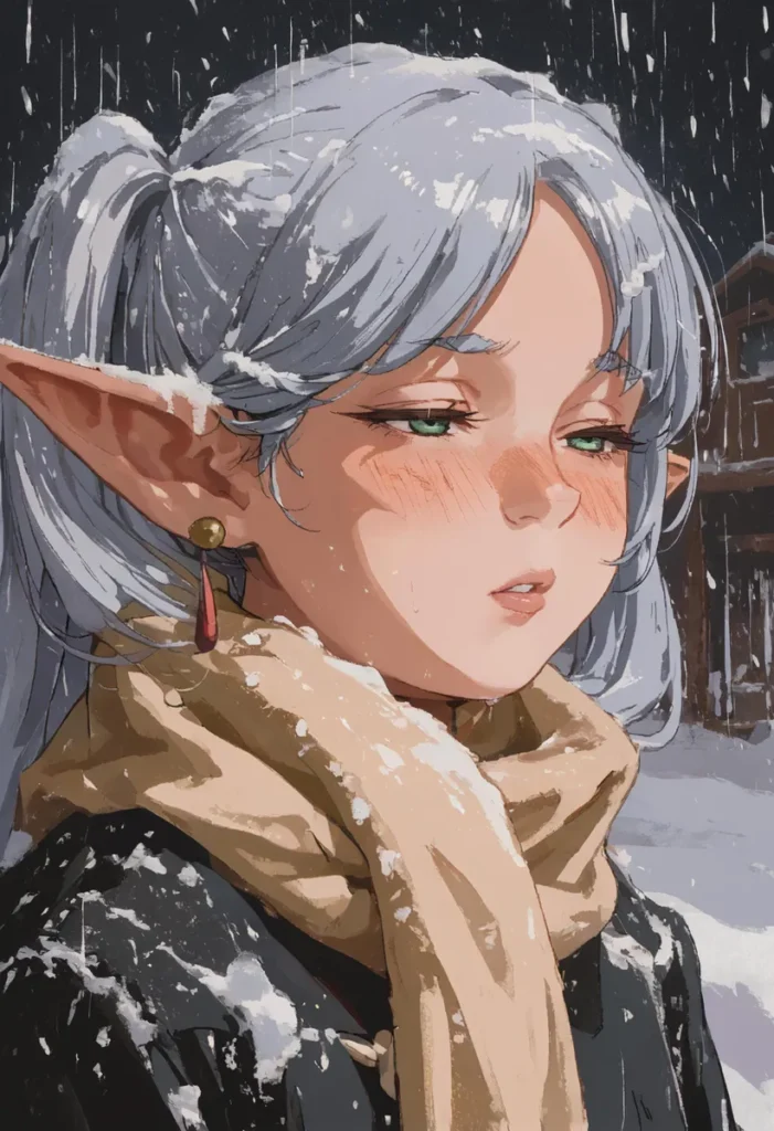 Detailed anime-style image of a sad elf girl with long silver hair and pointed ears, standing outside in the falling snow, wearing a thick beige scarf, created using Stable Diffusion.