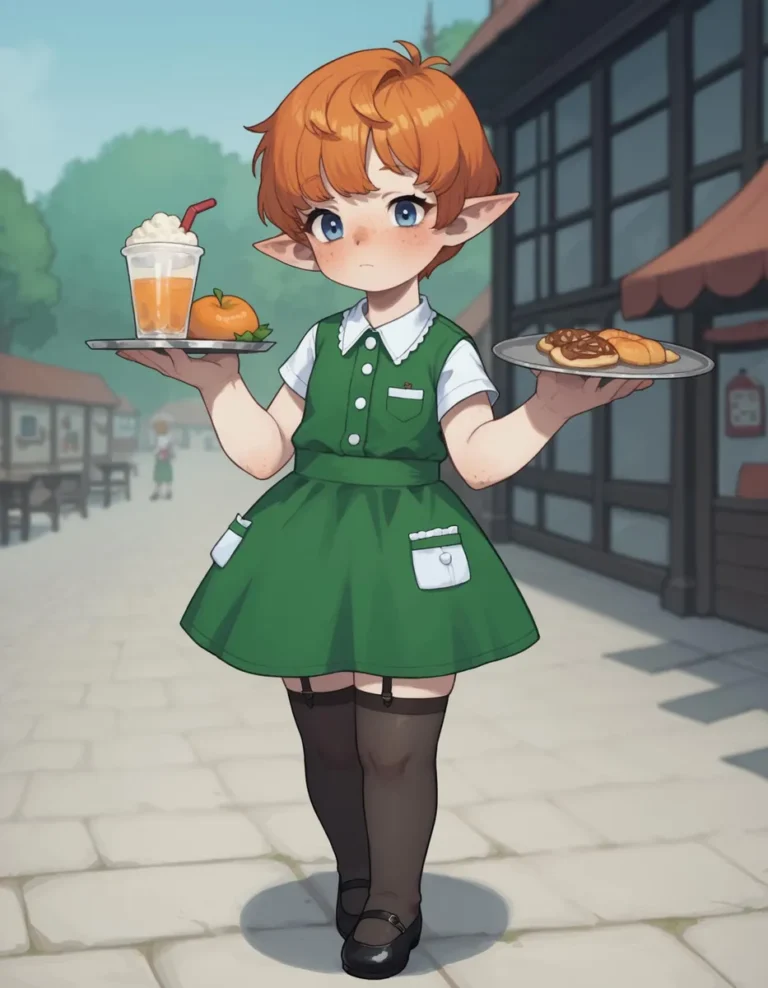 Anime elf waitress in a green uniform holding a tray with food and drink, AI generated using stable diffusion.