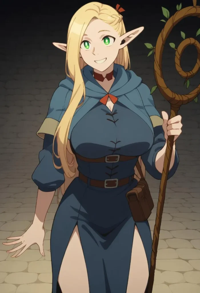 Anime elf woman with blonde hair, wearing a blue fantasy outfit, and holding a staff. This is an AI generated image using stable diffusion.