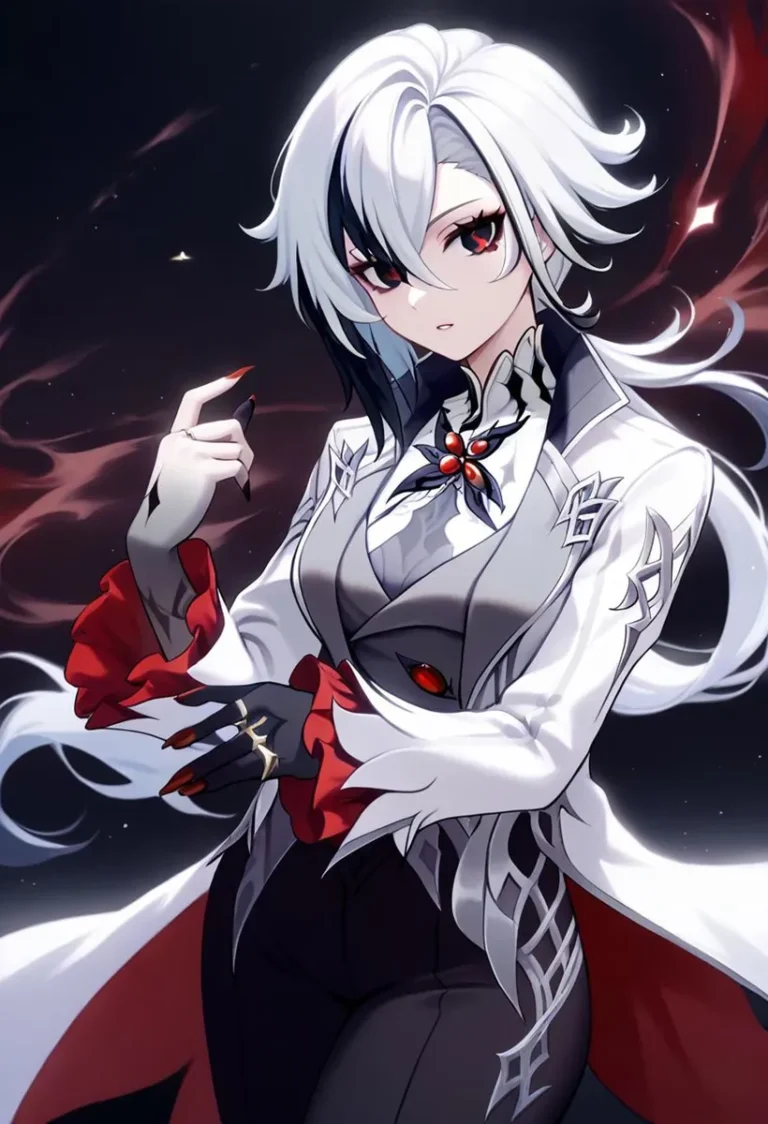 A white-haired anime character in elaborate fantasy attire generated using Stable Diffusion.
