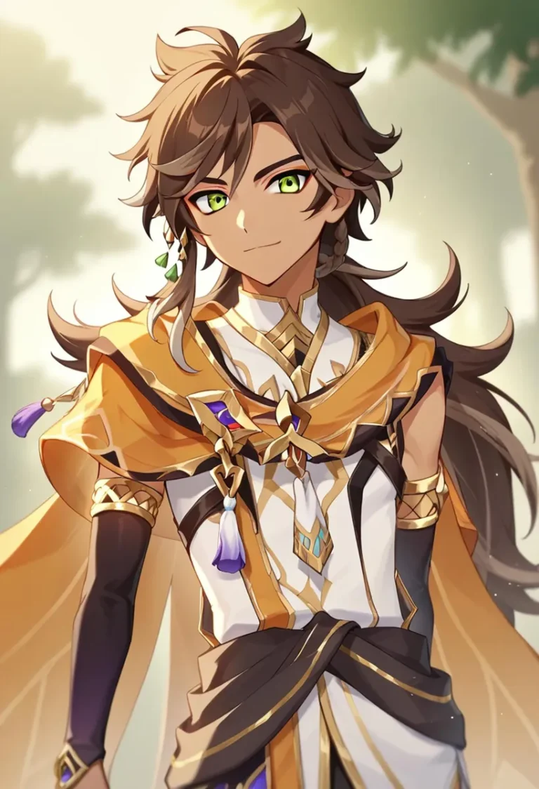 Anime character with green eyes and long brown hair, wearing white and gold fantasy attire with intricate details, generated using Stable Diffusion.