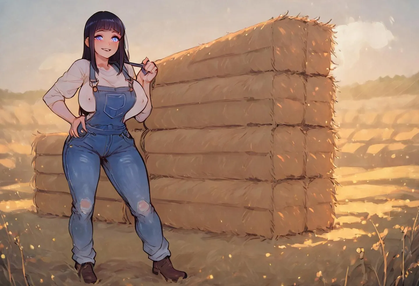 Anime-styled farm girl in denim overalls standing in front of a stack of hay bales, AI generated image using stable diffusion.