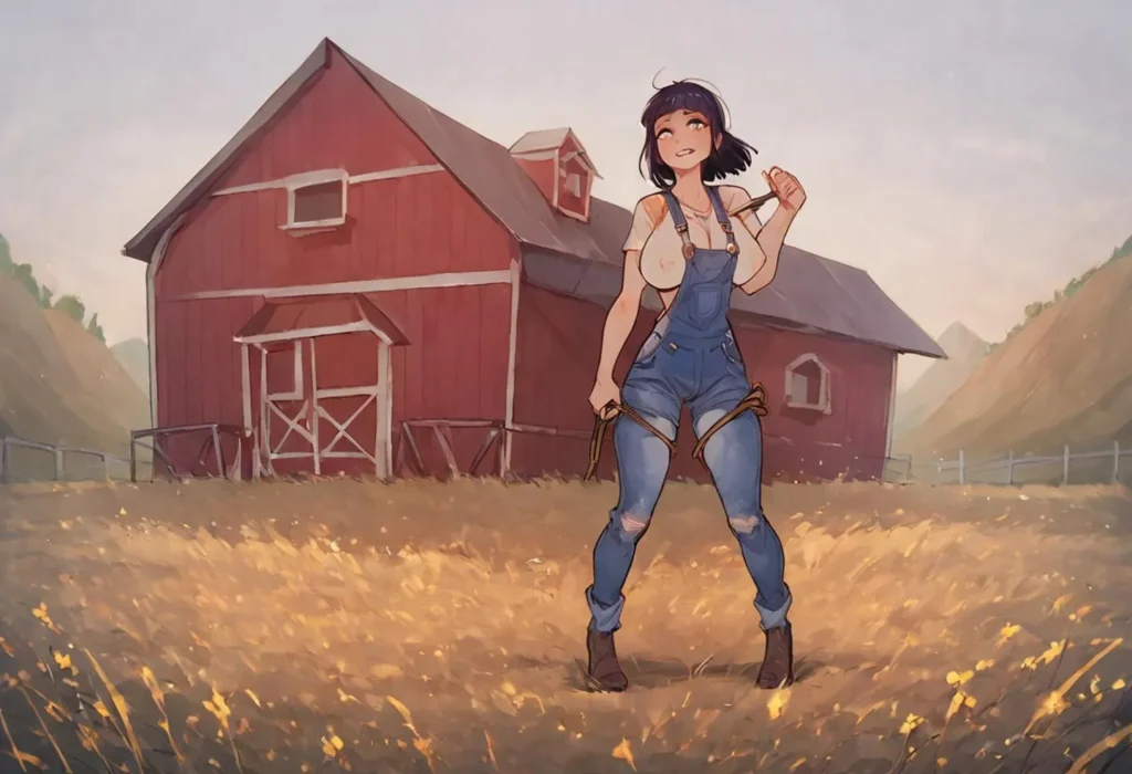 AI-generated image of an anime farm girl standing in front of a red barn, using Stable Diffusion.