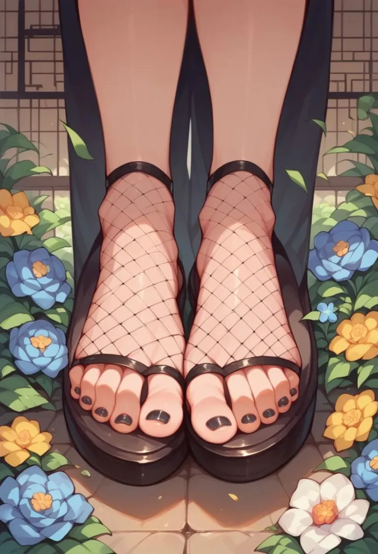 AI generated image of anime-style feet in fishnet stockings and sandals, surrounded by vibrant flowers using Stable Diffusion.