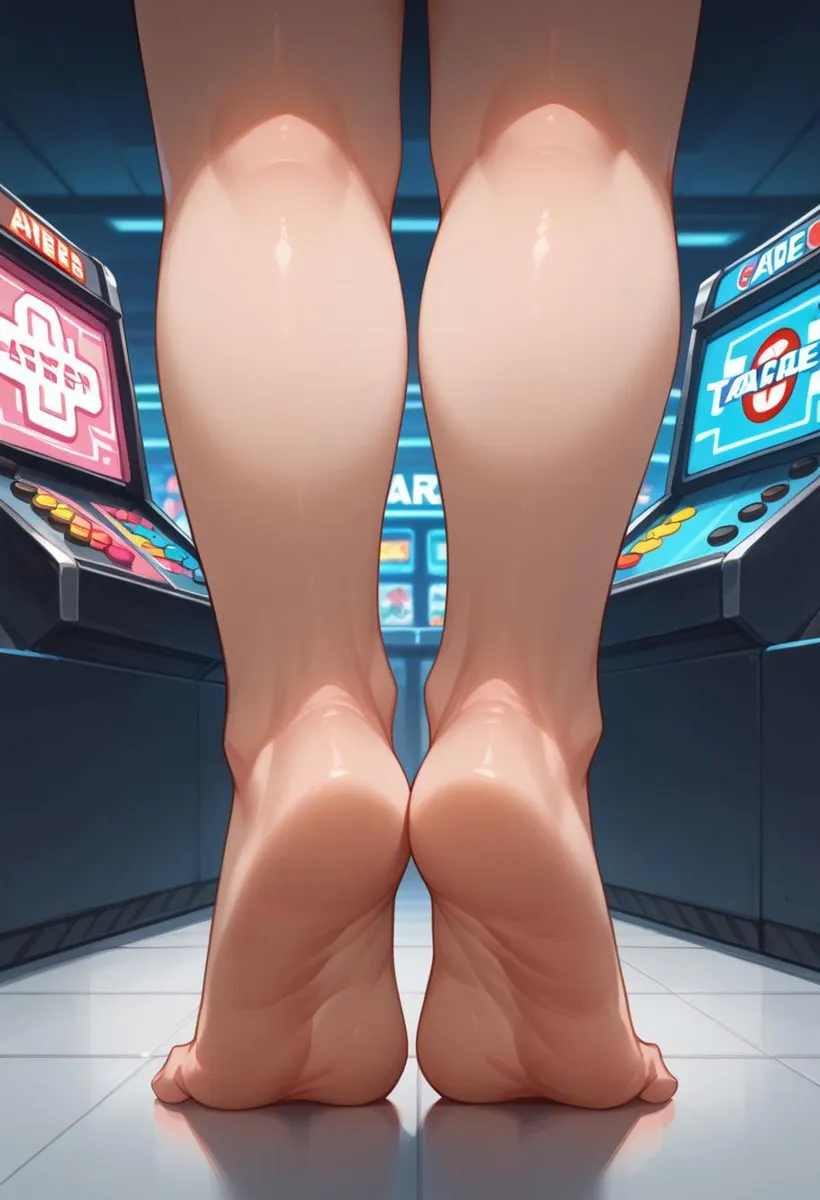 AI generated image of bare feet of an anime character standing in an arcade, created using stable diffusion.