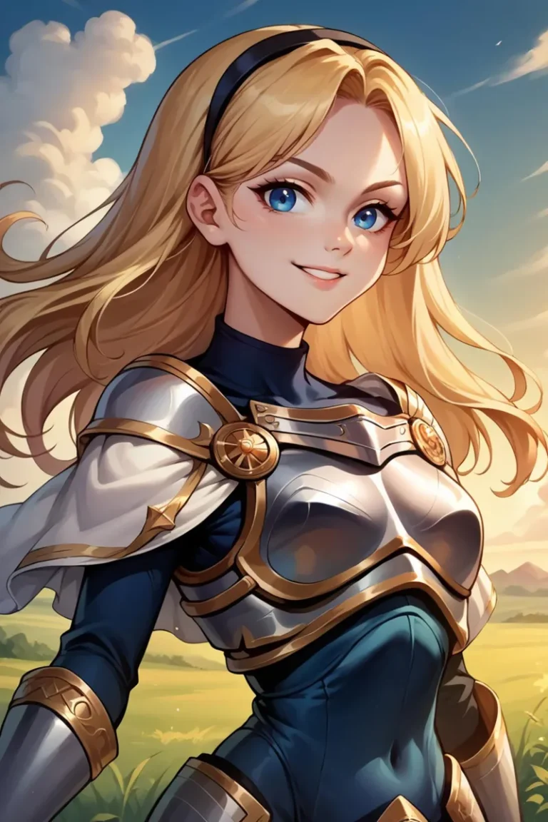 Anime style artwork of a female knight with long blonde hair and blue eyes, wearing silver and gold armor, AI generated using stable diffusion.