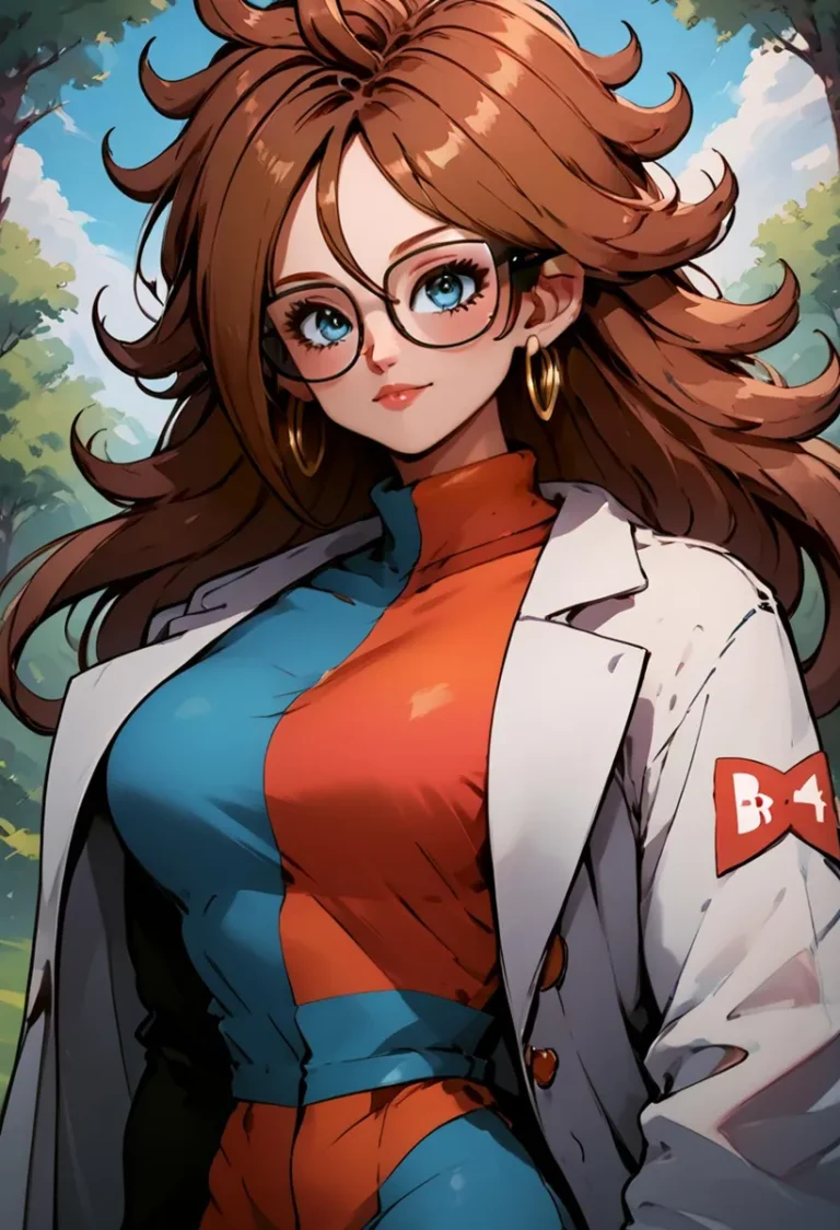 Anime illustration of a female scientist with long brown hair, wearing a white lab coat, glasses, and a blue-orange outfit, created using Stable Diffusion AI.