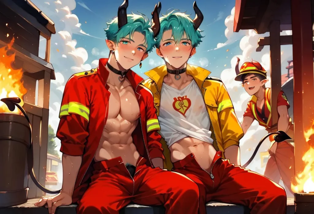 Anime-styled image featuring twin male characters with devil horns and tails, dressed as firemen, created with Stable Diffusion.