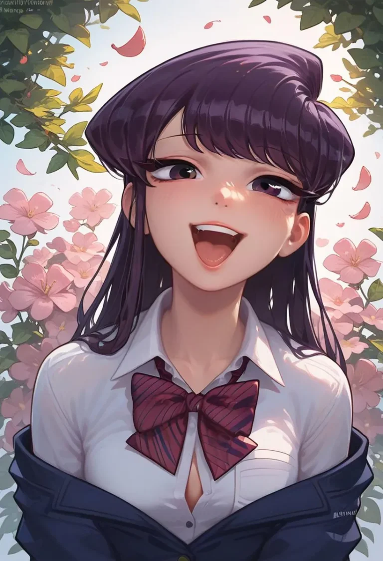 AI generated anime girl with long dark purple hair, wearing a school uniform with a red bow, smiling against a background of pink flowers and green leaves, created using Stable Diffusion.