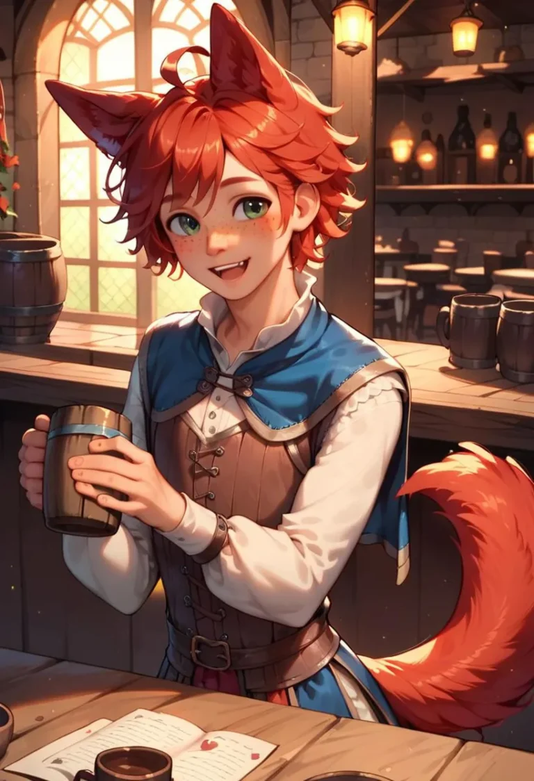 AI generated image of an anime fox bartender with red hair, fox ears, and a blue outfit, smiling while holding a tankard in a cozy fantasy tavern using Stable Diffusion.