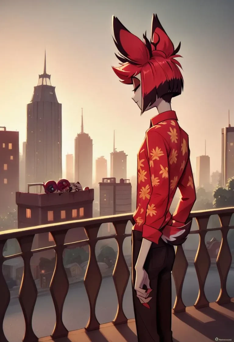 AI-generated image of an anime-style fox character with red hair and ears, standing on a balcony and overlooking a sunset cityscape created with Stable Diffusion.
