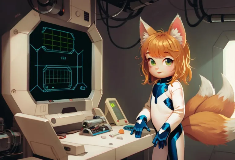 A sci-fi scene featuring an anime-style fox girl in a white and blue spacesuit standing beside a control panel. This is an AI generated image using stable diffusion.