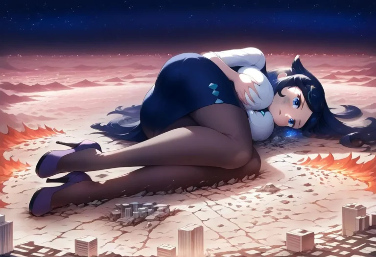 Anime giantess woman with blue hair lying on a desolate landscape, created using Stable Diffusion.