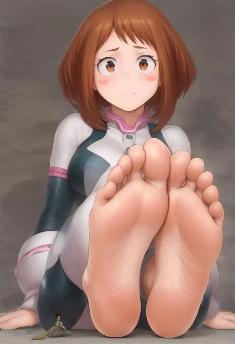 Anime girl with short brown hair and sad expression, dressed in a futuristic bodysuit, sitting with her feet facing the viewer in a close-up view. This is an AI generated image using Stable Diffusion.