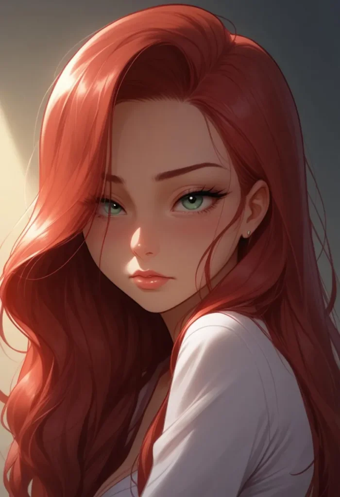 A digital art illustration of a red-haired anime girl with green eyes and a white shirt, created using stable diffusion.
