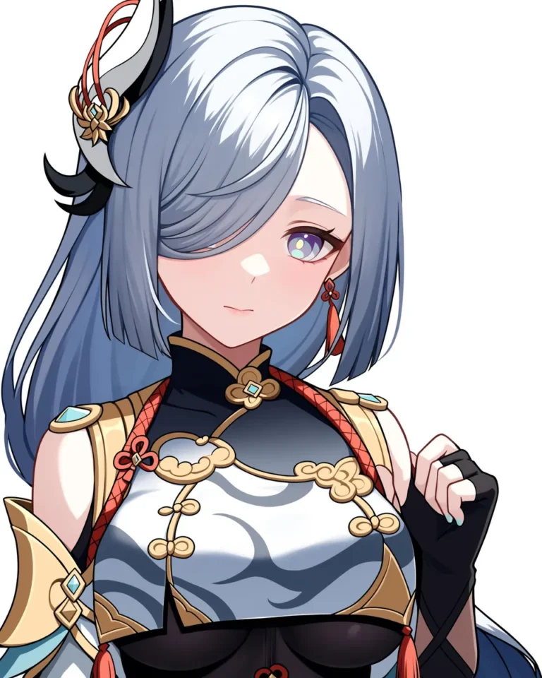 Anime girl with long blue-gray hair, ornate outfit, and detailed accessories, AI generated image using Stable Diffusion.