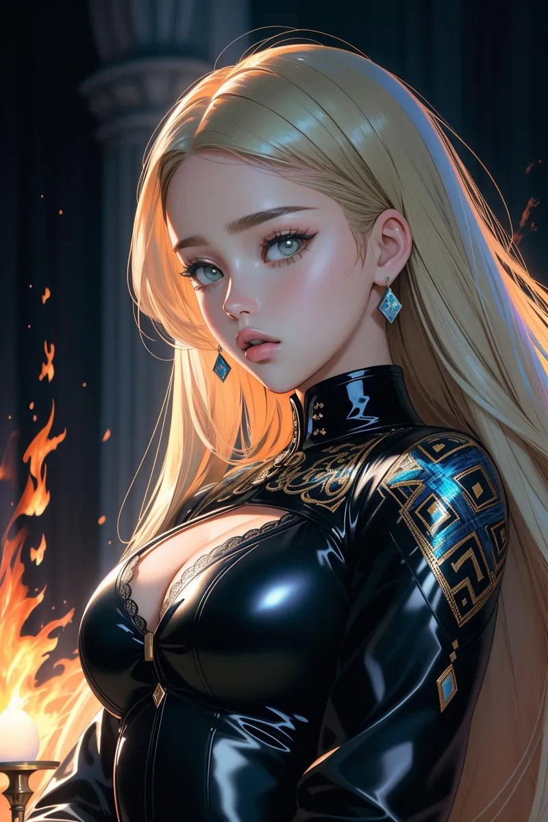 An anime girl with long, blonde hair, wearing a black and gold ornate outfit, standing near a candle flame. This is an AI generated image using Stable Diffusion.
