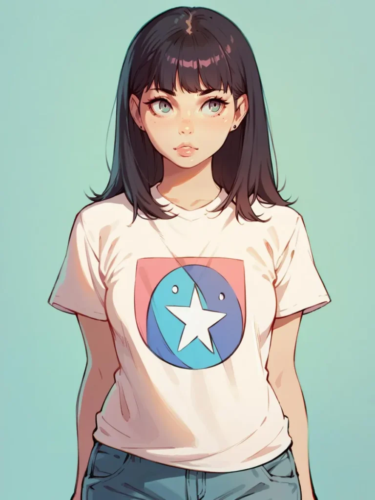A cute anime girl with a charming expression, created using Stable Diffusion AI. She has long dark hair, wears a white T-shirt with a star emblem, and stands against a light blue background.