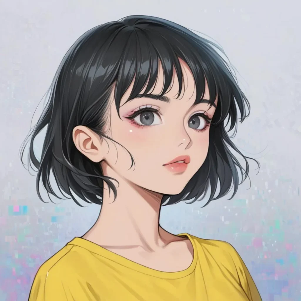 Digital art of an anime girl with short black hair, big eyes, and a yellow shirt. AI generated image using Stable Diffusion.