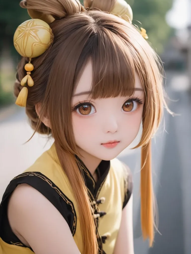 An AI generated image using stable diffusion of a cute anime girl with brown hair and big eyes, dressed in a traditional yellow and black outfit with elaborate hair accessories.