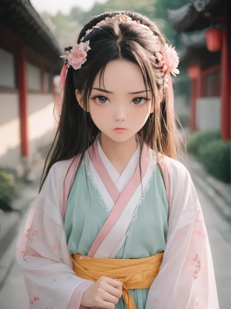 Anime girl with long dark hair adorned with pink flowers, wearing a traditional pink and green dress with a yellow sash. AI generated image using stable diffusion.